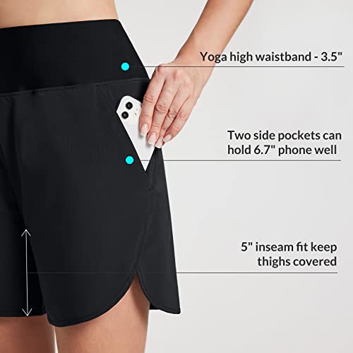 Baleaf Women's 5" Swim Board Shorts High Waisted Swimming Bottoms Quick Dry Swimsuit Bathing Suit Beach Trunks With Liner Swimwear Black M #TOP2