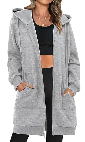 StunShow Grey Zip Up Hoodie for Women - Y2K Long Sleeve Sweatshirt - Casual Jacket - Cool Hoodie - XL
