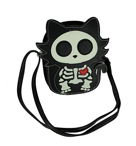 Black Glow in the Dark Skeleton Cat Crossbody Purse Small