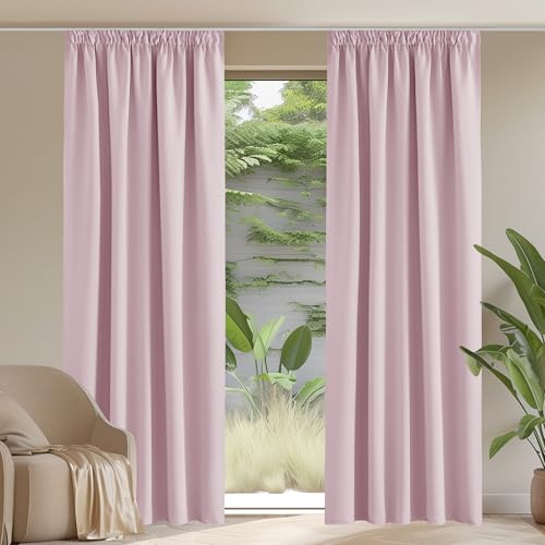 PONY DANCE Rideau Salon - Rideaux Thermiques Isolants Anti UV Occultant Rose Galon Fronceur pour Chambre Fille Garçons Porte Fenêtre sans Crochets, Rose...