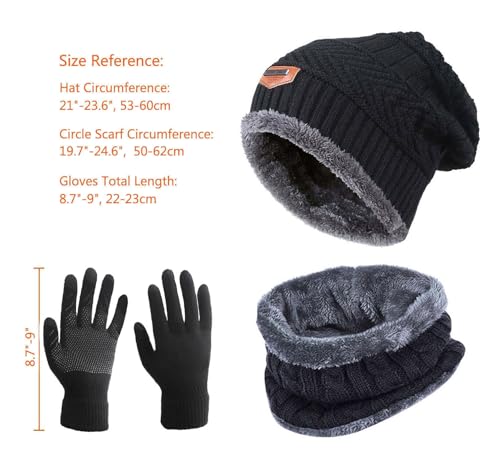 Winter Hat Scarf Gloves Slouchy Beanie Snow Knit Skull Cap Touch Screen Mittens Circle Scarves for Women Men Black - Thumbnail 6