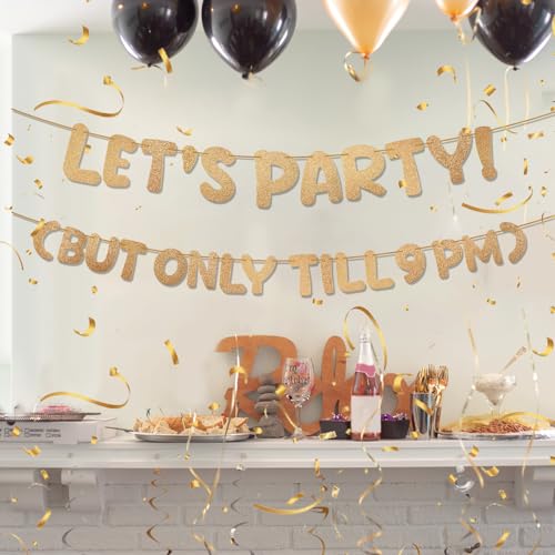 Image of Yeaqee Pre-strung Birthday Banner Let's Party But Only Till 9 PM, Gold