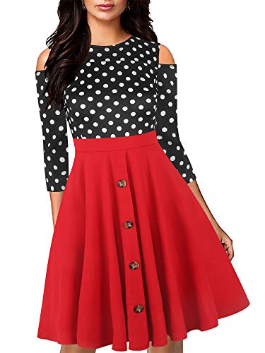oxiuly Women's Vintage Dot Patchwork Round Neck Off Shoulder Casual Pockets Cocktail Party A-Line Dress OX266 (L, Dot-red 7)