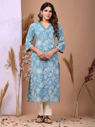 Image of Rimeline Women's Cotton Printed Kurta with Embellished V-Neck Design | Straight Fit Ethnic Wear for Office, Casual & Daily Use