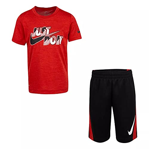 Image of Nike Little Boys Dri-FIT Just Do It Tee & Shorts 2 Piece Set (Red(86H819-023) /Black, 5, Numeric 5)