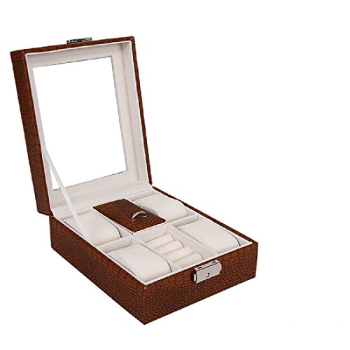 Medetai® Women Gift Watch/Ring 4+2 Grids Hour Box Home Case Colorful Leather Window Case Luxury Brand Watch/Jewelry/Bracelet Organizers (Brown)