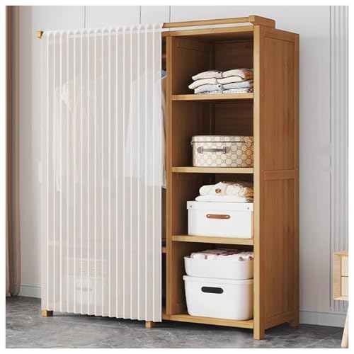 Armario Abierto de Bambú con Barra de Colgar y Estantes, Armario Dormitorio con Estante de Pantalones y Cortina, Armario Moderno : 50/70/85/102/120x43x160CM