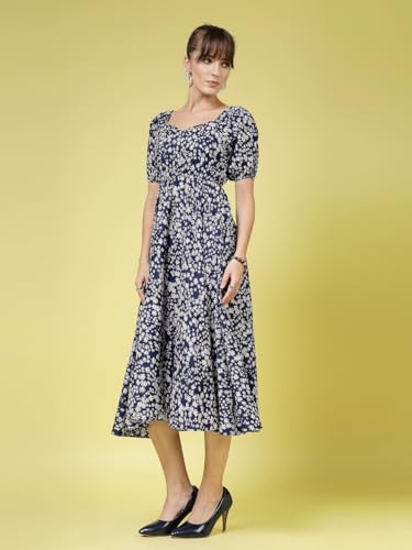 Image of OOMPH! Below Knee Shift Pink Dress in Crepe Fabric with Round Neck and Puff Sleeves - md619l