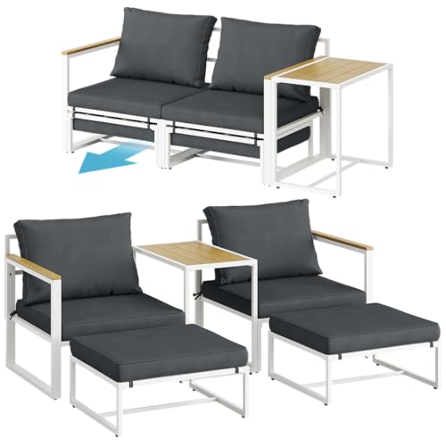STEELSØN Asteri Sitzgruppe 5-teilig – Gartenmöbel Set mit 2 Sessel, 2 Hocker, 1 Tisch – Balkonlounge Metallgestell Weiß – inkl. Sitzpolster anthrazit – Terrassenlounge für 2-4 Personen – wetterfest