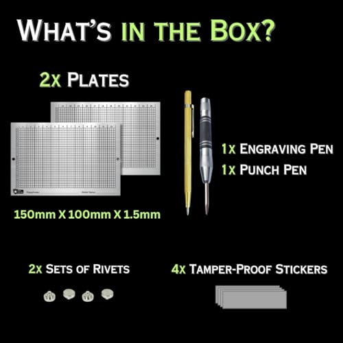 Image of Crypto Seed Phrase Backup Punch Plates [Premium] | Seed Phrase Storage Stainless Steel Plates | Includes a Set of 2 Plates, Punch Pen, Engraving Pen, 2 Sets of Rivets, and Tamper Proof Stickers