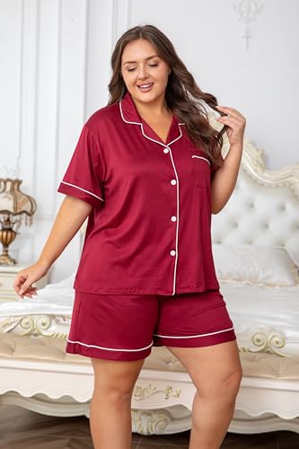 Image of Vozanet Women's Plus Size Button Down Pajamas Soft Lounge Sets Shorts with Pockets Bride Nighty Solid Soft Pjs 1x to 5x