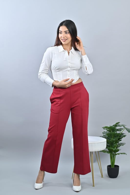 Image of Mlada Mid Waist Wide Leg Flared Pants Elastic Waist Band for Women Office Work Formal Wear Stretch Cotton Knit Flare Pants Utility Pockets Extra Flare Pants Trousers for Travel