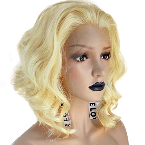 Anogol Hair Cap+Yellow Blonde Lace Front Wig Short Bob Layered Wigs For Women Half Hand Tied Synthetic Hair