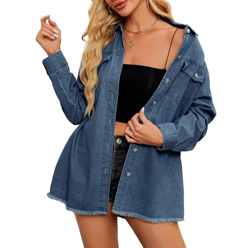 American Trends Denim Jacket for Women Oversized Long Sleeve Jean Shirts Button Down Shirt Lightweight Jean Crop Top Jacket