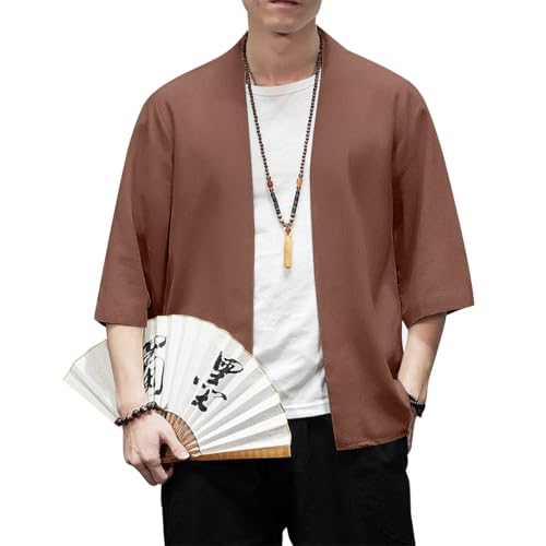Image of PRIJOUHE Men's Kimono Jackets Cardigan Lightweight Casual Cotton Blends Linen Seven Sleeves Open Front Coat Outwear