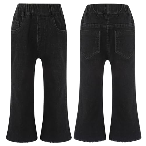 JEATHA Kids Girls Jeans Casual Pull-On Bell Bottoms Denim Trousers Elastic Raw Hem Flared Pants with Pockets