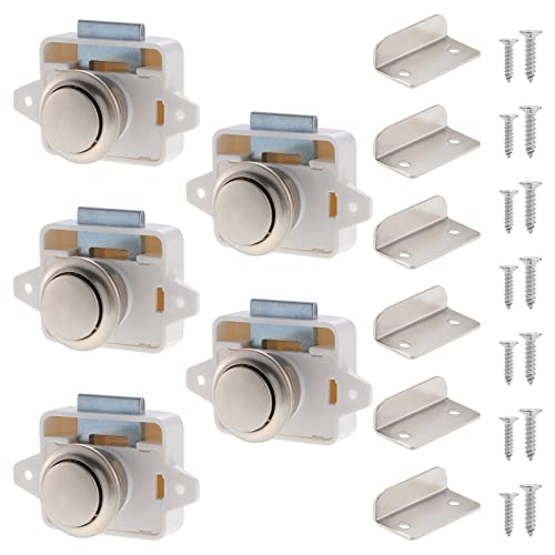 HSEAMALL 5PCS Cerraduras de pestillo de botón, Cerraduras de pestillo de cajón de armario Pomo de cerradura de puerta sin llave para caravana autocaravana autocaravana furgoneta barco, blanco y níquel