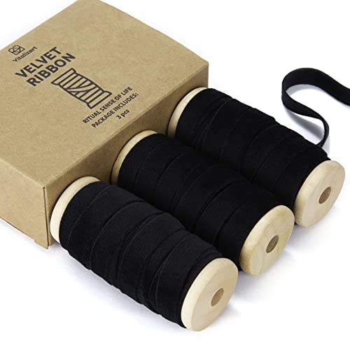 Vitalizart Black Velvet Ribbon Set 3/8' x 15 Yd Wooden Spool Fabric Trim 3 Rolls * 5 Yd for Christmas Wreath Decoration Handmade Craft Ornaments Gift Wrapping & Bow Making