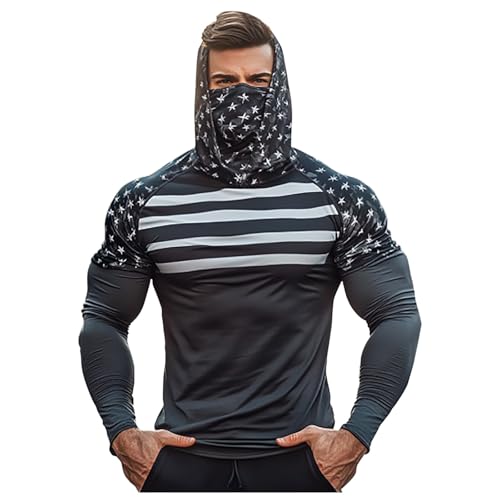 Men' Performance Fishing Hoodie Shirt UPF 50+ Sun Protection Long Sleeve UV SPF T-Shirts Rash Guard with Face Mask