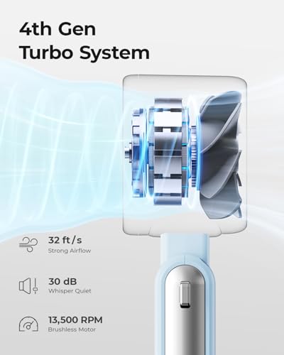 Image of Portable Handheld Turbo Fan - 5 Gear High Speed 4000mAh Rechargeable Mini Personal Hand Fan Blow Cold Air, Battery Operated Travel Essentials, Gifts for Women, Men (Dew Drop Blue)