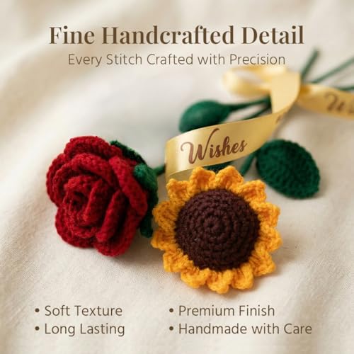 Image of HindCraft Handmade Crochet Flower Bouquet with Sunflower & Red Rose | Artificial Forever Flowers for Decoration | Handmade Gift for Wife, Women, Couples | Birthday Anniversary Wedding Gift