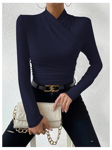 Image of SweatyRocks Women's Ruched Mock Neck Long Sleeve T Shirt Solid Slim Fitted Tee Tops