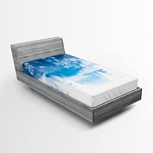 Ambesonne Winter 2 Pack Fitted Sheet, Snowflakes and Stars, Bed Cover All-Round Elastic Deep Pockets 2 Pieces, Package Contains 2 Twin Size Fitted Sheets, Dark Ice Blue