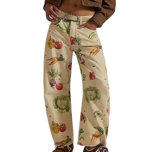 Women's Baggy Boyfriend Barrel Jeans Y2k Floral Print Mid Rise Wide Leg Denim Patchwork Pants Barrel Leg Sweatpants Women