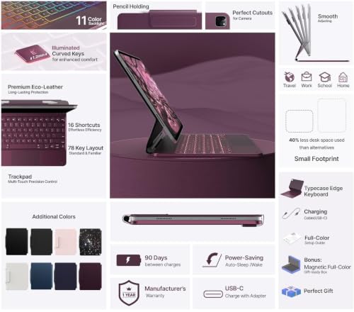 Image of typecase Edge for iPad Air 13 (M4 /M3 /M2, 2026 /2025 /2024) & Pro 12.9 (6th /5th /4th /3rd) with 11-Color Backlit, Precision Trackpad, Magic Floating Keyboard (NOT FIT to Pro 13 (M5 /M4) -Raspberry'26