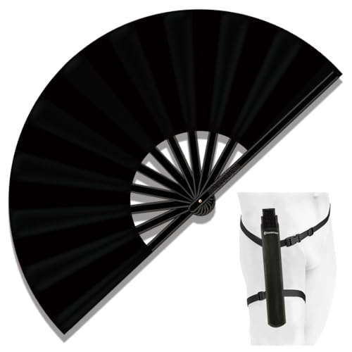 Raveahem 13 Large Folding Rave Fan with Holster Clack Hand Fans Foldable for Line Dancing for Women Men Festival EDM Party Decoration Black