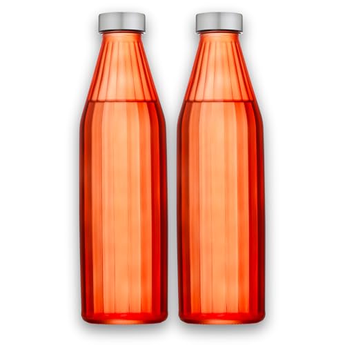 Image of SAND DUNE OrangeColour Glass water bottle, 800 ml Each, Set of 2, with Leak-Proof Airtight Stainless-Steel Lid for Water, Smoothie, Juices - Reusable Travel Glass Drinking Fridge Bottles
