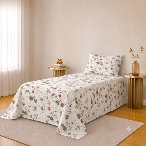 Image of IVAZA 220 TC Soft Ezyption Cotton Floral Single Bed Sheet - Single bedsheet with 1 Pillow Cover Hypoallergenic, Brethable, (Size- 90 x 60 Inch Grey Flower