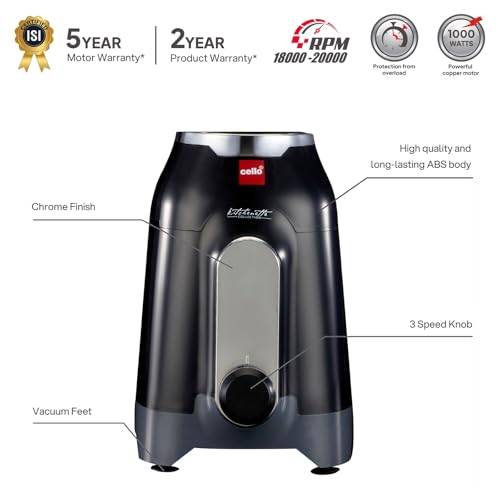 Image of CELLO Discovery Pro Juicer Mixer Grinder For Kitchen 1000 Watts Black | 3 Steel Jar with 1 Juicer Jar Powerful Copper Motor, 3 Speed Settings | Ideal for Blending Juicing Grinding | 5 Years Warranty