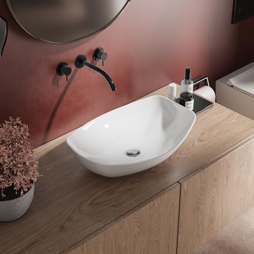 MIJIC 22'X16' Bathroom Vessel Sink Boat Shape Above Counter Oval White Porcelain Ceramic Modern...