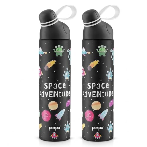 Image of Go24 pexpo Water Bottle for School Kids, ISI Certified Stainless Steel Sipper Bottle for Kids 470ml (Pack of 2) | Hot & Cold Thermos Insulated Water Bottle|6+ Years Kids|Pico 500 - Black - Space