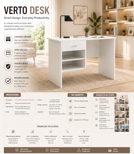 Image of 116x75x56CM Engineered Wood Verto Study & Office Table with Smooth Lockable Drawer and 2 Shelves for Storage | Sturdy DIY Counter, Commercial Table- White