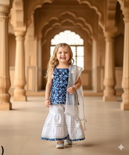 Image of A.T.U.N. (ALL THINGS UBER NICE) Girls Designer 100% Cotton Printed Kurti, Sharara & Dupatta Set | Elegant Wide Flare Sharara Style | Comfortable Traditional Indian Wear | 3 Piece Co-ords Set
