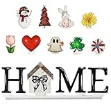 Smile Interchangeable Home Table Signs, Spring Easter Tulips Bunny with 10 Pcs Seasonal Icons, Wooden Sign Decor, HOME Letter Sign Ornaments Set Decorative Shelf Blocks