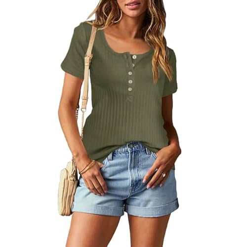 Topstype Short Sleeve Henley Tops for Women Summer T Shirts Trendy Medium Army Green