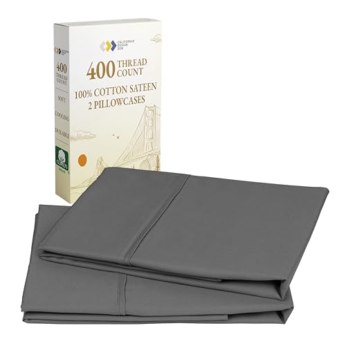 California Design Den King Size Pillowcase Set - 400 Thread Count, 100% Cotton Sateen, Set of 2 Pillow Covers, Soft and Breathable - Grey
