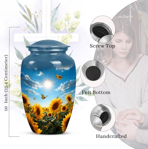Image of Butterfly with Sunflower Urn for Ashes for Women - Large Urns for Human Ashes Adult Female - Yellow Sunflower Urn for Adult Mom and Dad - Large Decorative Urns for Handmade 10inch