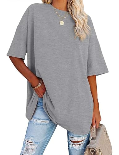 Aoang Women's Casual Solid Basic Short Sleeve Oversized T Shirt Longline Loose Tops Grey Medium