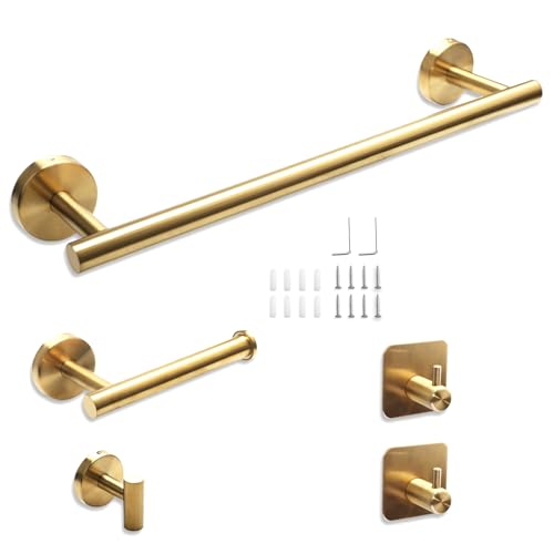 Toallero de Baño, Accesorios baño,Que Incluye 1 toallero, 1 portarrollos y 3 Ganchos. El Conjunto Completo Ofrece soluciones prácticas para el baño (Oro)