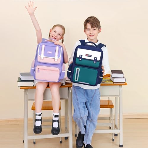 Image of SANNIDHI Modern Blue Waterproof School Backpack, 15.7*11.8*7.1 inches, Unisex, 3 - 10 Years, Elementary School, Daypack Backpack with Padded Shoulder Strap and Zipper Closure