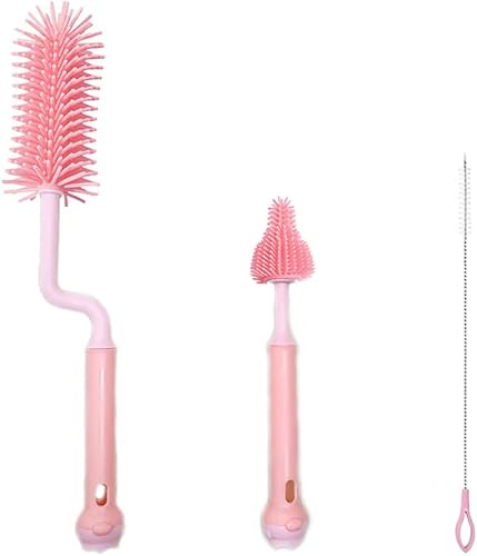 Newmemo Juego de cepillos de silicona para biberones, limpia el pezón o popote de recipiente profundo con mango largo de rotación, kits de limpieza