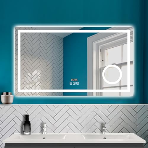 HAPAOSO Miroir de Salle de Bain avec éclairage, Miroir LED avec Bluetooth, 3X loupe，Horloge,3 Couleurs+dimmable，Anti-buée, Miroir Mural, 120x70 cm