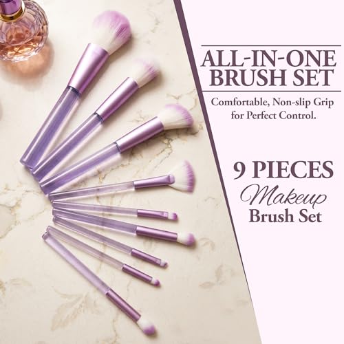 Image of GLUN 9in1 Diff Use Mini Makeup Brush Set, Travel Transparent Purple Professional Brushes for Foundation, Concealer, Blush, Highlighter & Eye Makeup