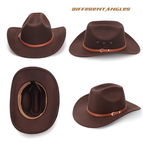 Image of DRESHOW Cowboy Hat for Women and Men Western Felt Cowboy Cowgirl Hat Wide Brim Belt Buckle Retro Fedora Hats Unisex Caps
