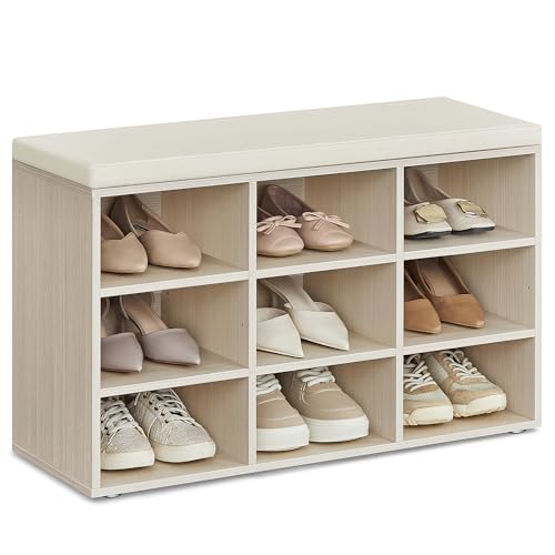 VASAGLE Banco Zapatero, Mueble Zapatero, Banco Recibidor con 9 Compartimentos y Asiento Acolchado, 30,3 x 78,5 x 48 cm, Entrada, Dormitorio, Sala de Estar, Beige Natural y Beige Capuchino LHS009K01