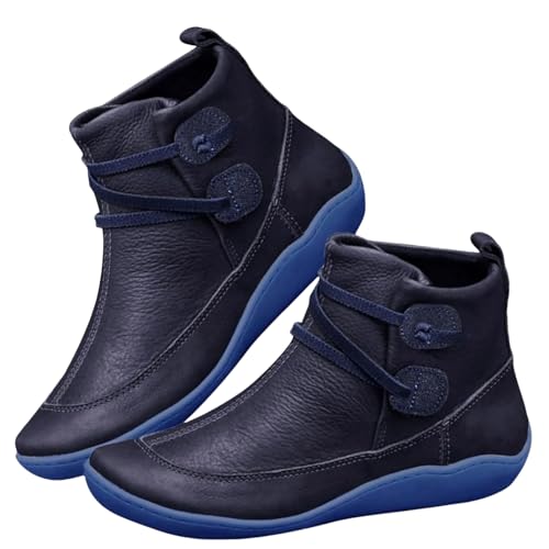 Baxtayel Womens Arch Support Ankle Boots Fashion No Heel Lace Up Side Zip Flat Booties Vintage Leather Booties Comfortable Slip On Shoes